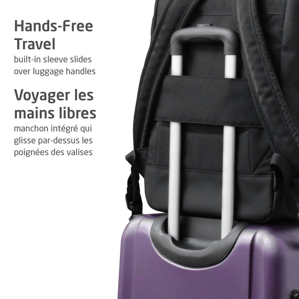 MAXI COSI Changing Backpack in black with built-in sleeve slides over luggage handles for hands-free travel.