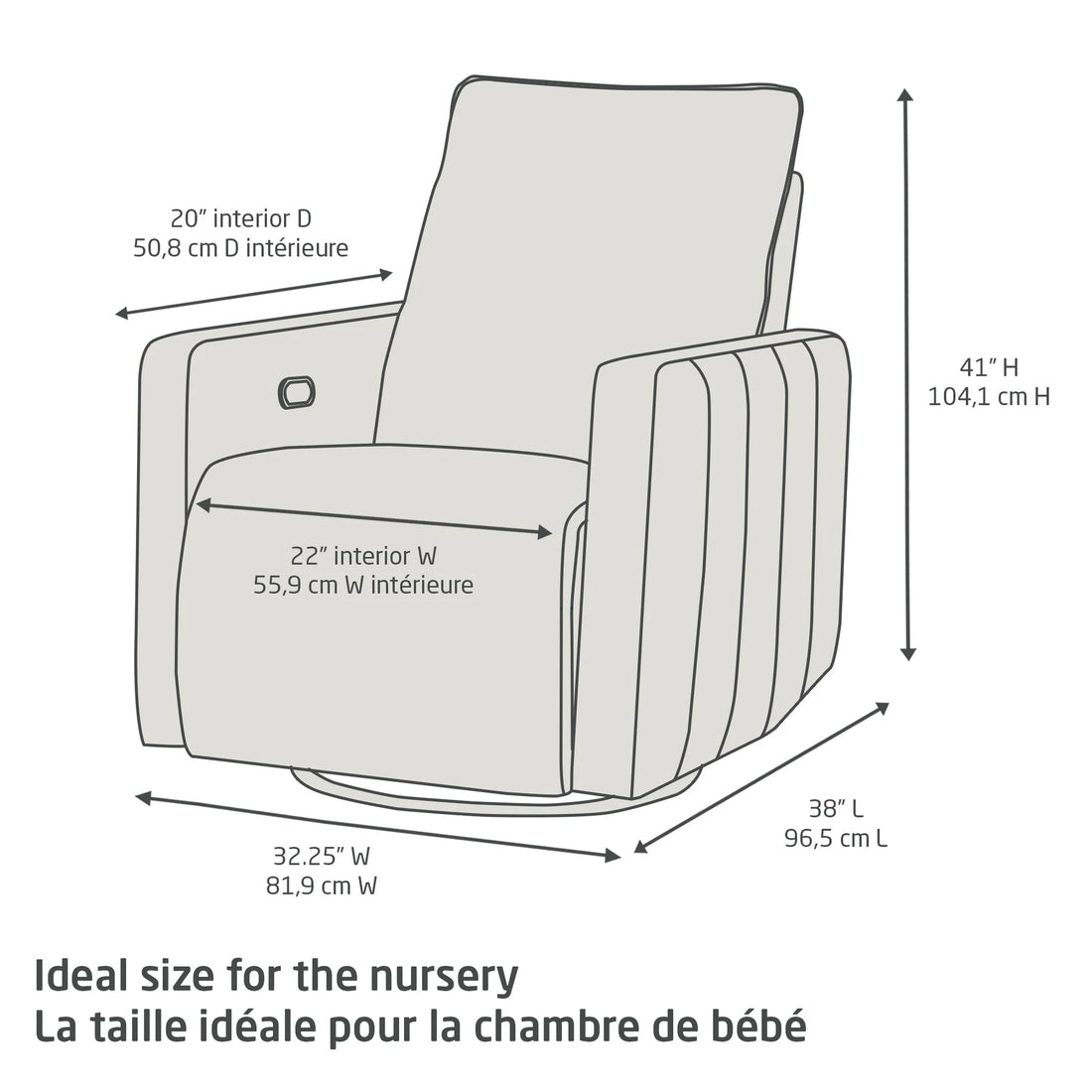 Maxi-Cosi Dorian Swivel Glider and Power Recliner with Night Light — dimension diagram