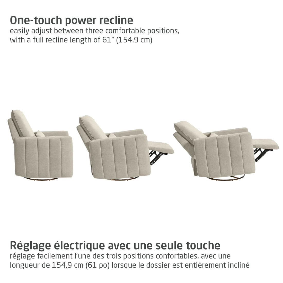 Maxi-Cosi Dorian Swivel Glider and Power Recliner with Night Light — upright and reclined positions