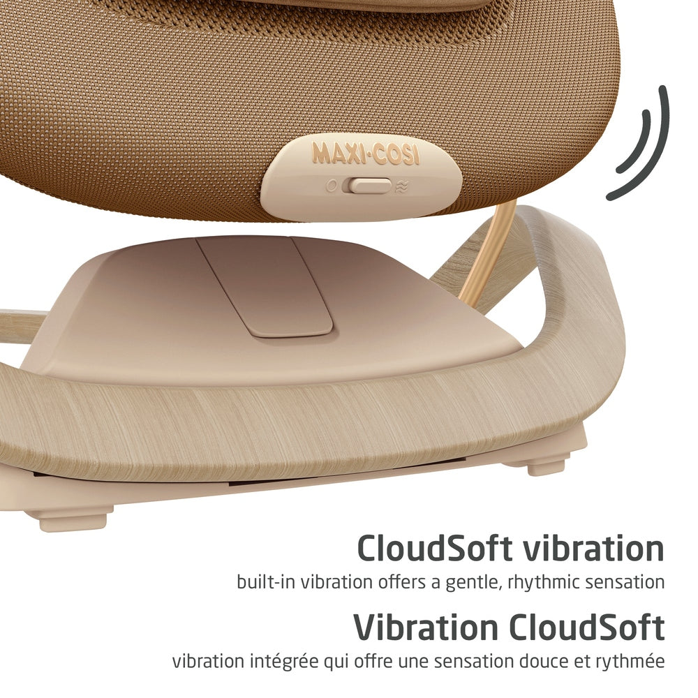 Beige baby bouncer close-up with CloudSoft vibration control