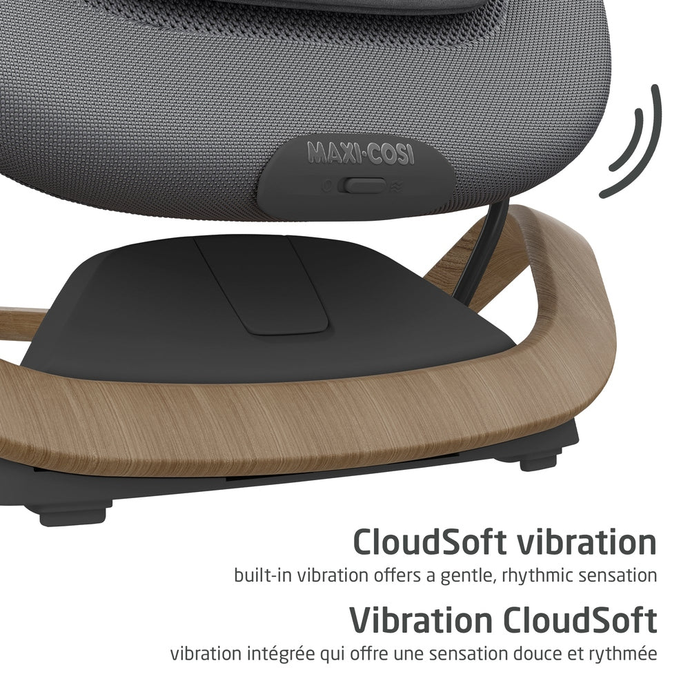 Gray baby bouncer close-up with CloudSoft vibration control