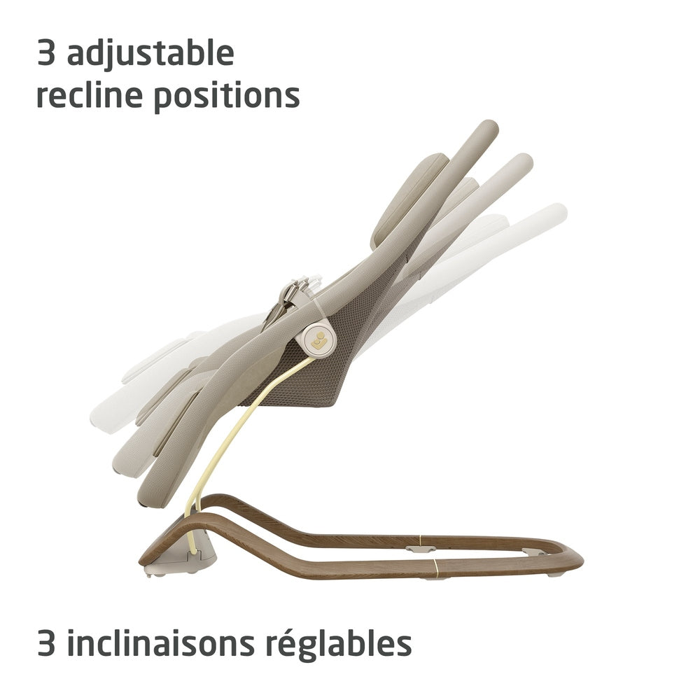 Beige baby bouncer side view showing three recline positions