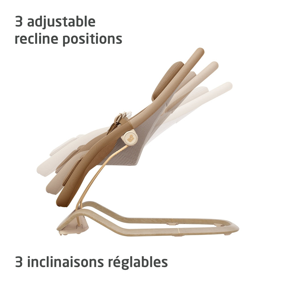 Beige baby bouncer side view with mesh panel and three recline positions