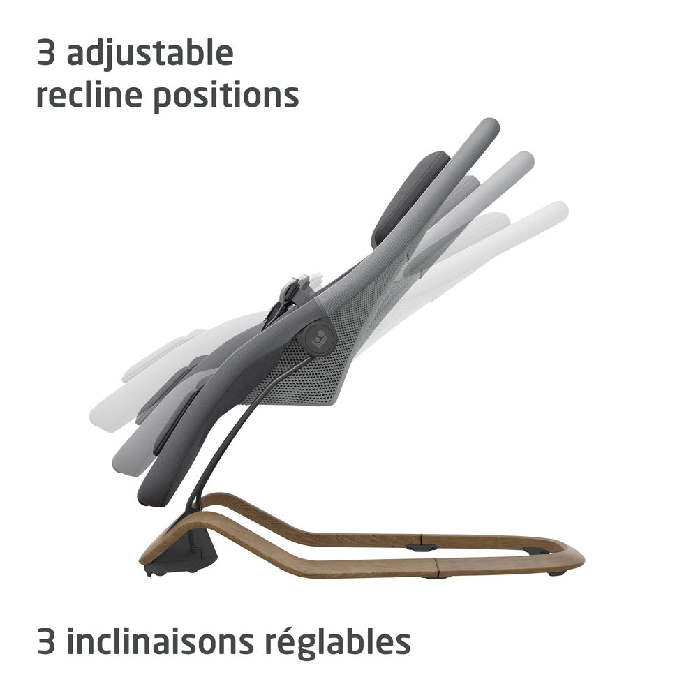 Dark gray baby bouncer side view showing three recline positions