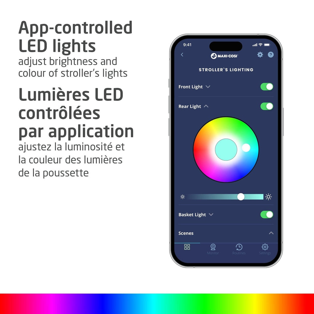 Maxi Cosi Fame Stroller with app-controlled LED lights; phone shows color wheel controlling front, rear, and basket lights.