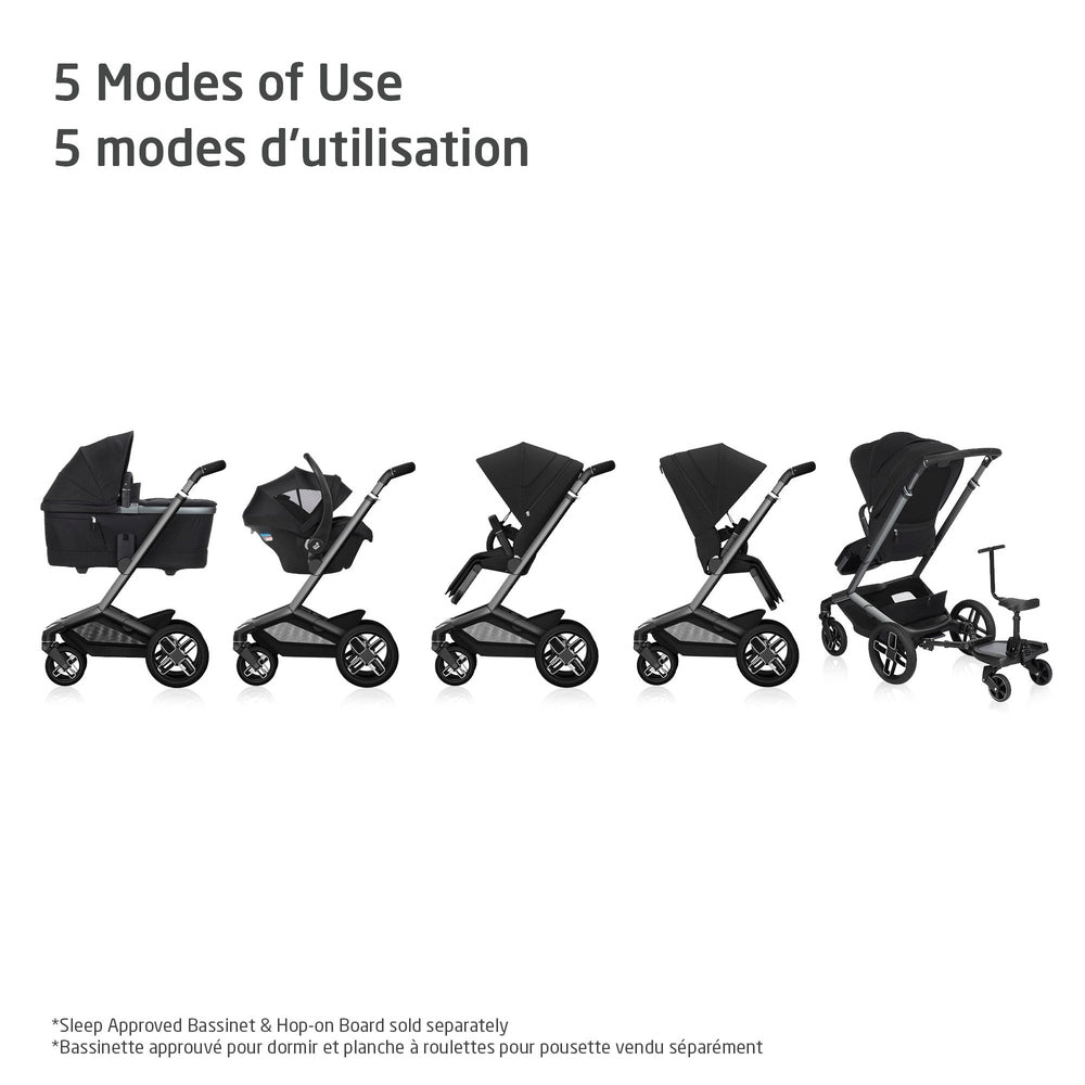 Black Maxi-Cosi Fame stroller with Mico Luxe+ car seat travel system in five configurations; silver frame, large wheels