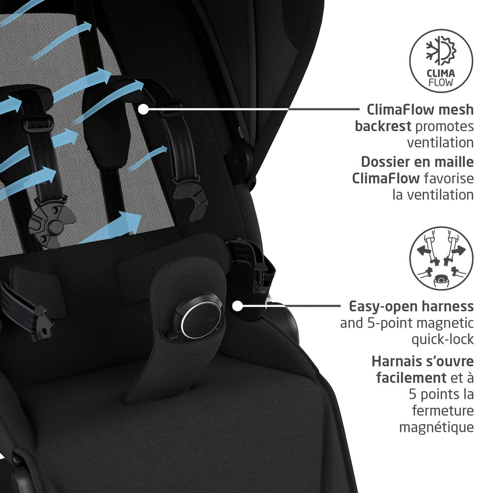 Black stroller seat with ClimaFlow mesh backrest for ventilation, blue airflow arrows, and a magnetic 5-point harness.