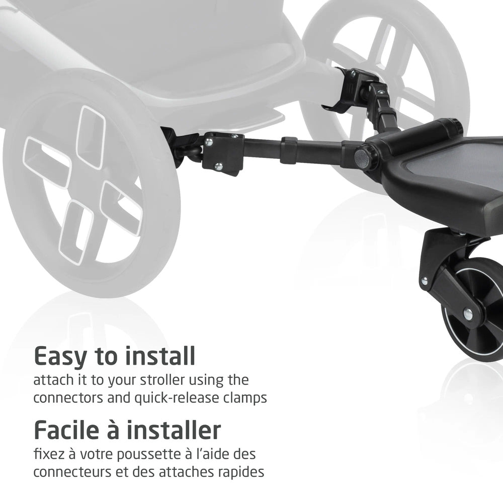 Maxi-Cosi Hop-on Board stroller accessory with quick-release clamps attached to the rear of a stroller