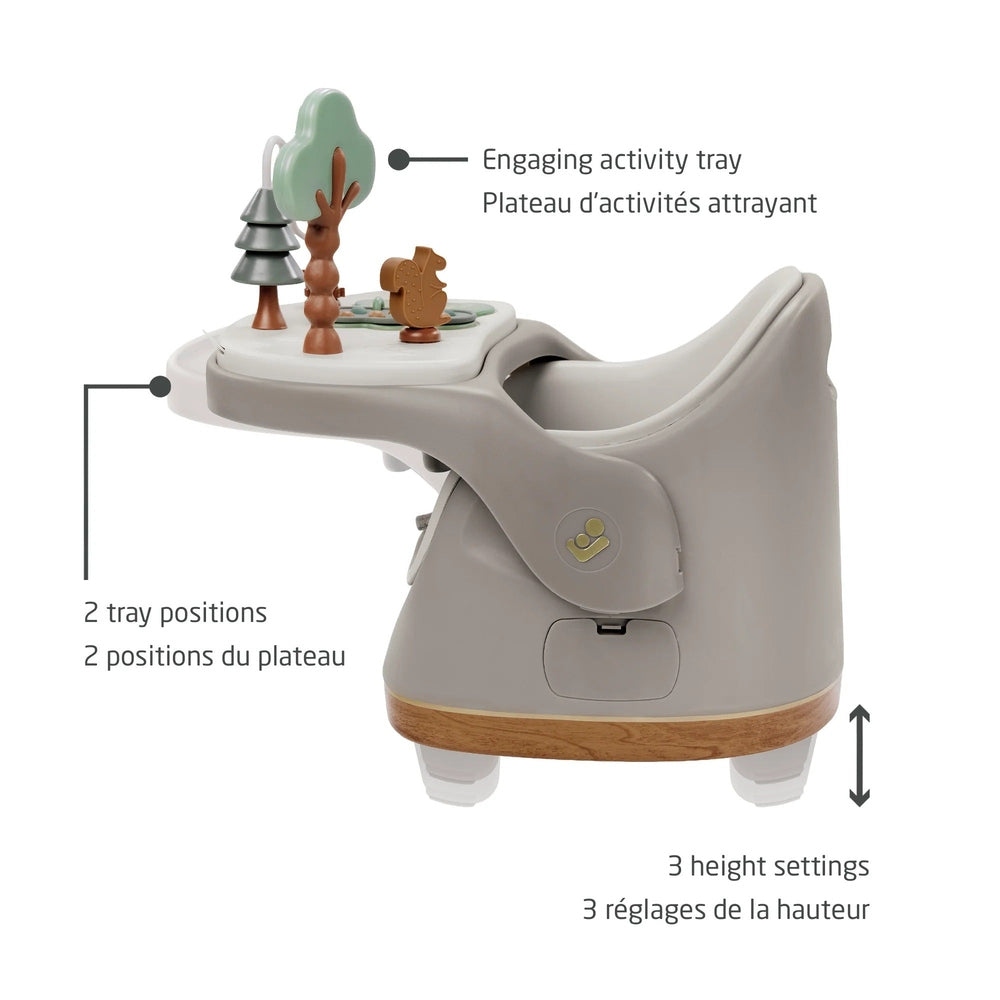 Child seat with activity tray and height adjustment features on a white background
