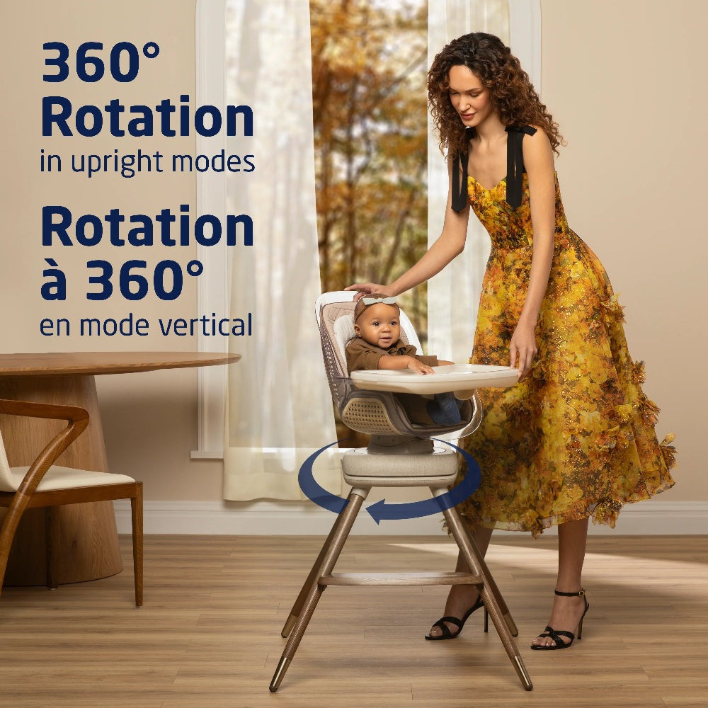 Maxi-Cosi Kiskadee 360 rotating high chair with beige seat and wooden legs
