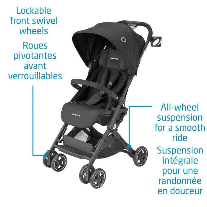 Maxi-Cosi Lara Ultra Compact stroller in black with lockable front swivel wheels and all-wheel suspension