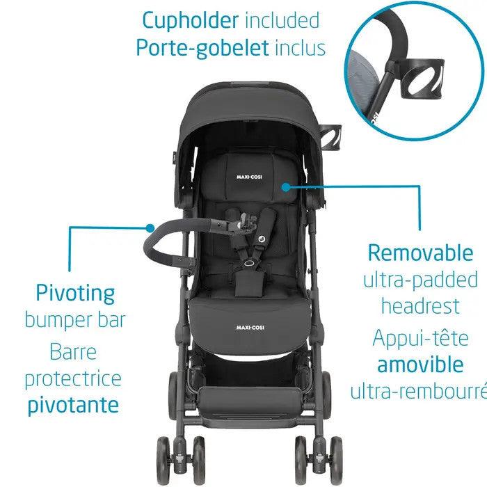 Maxi-Cosi Lara Ultra Compact Stroller with dark gray frame, removable headrest and cup holder