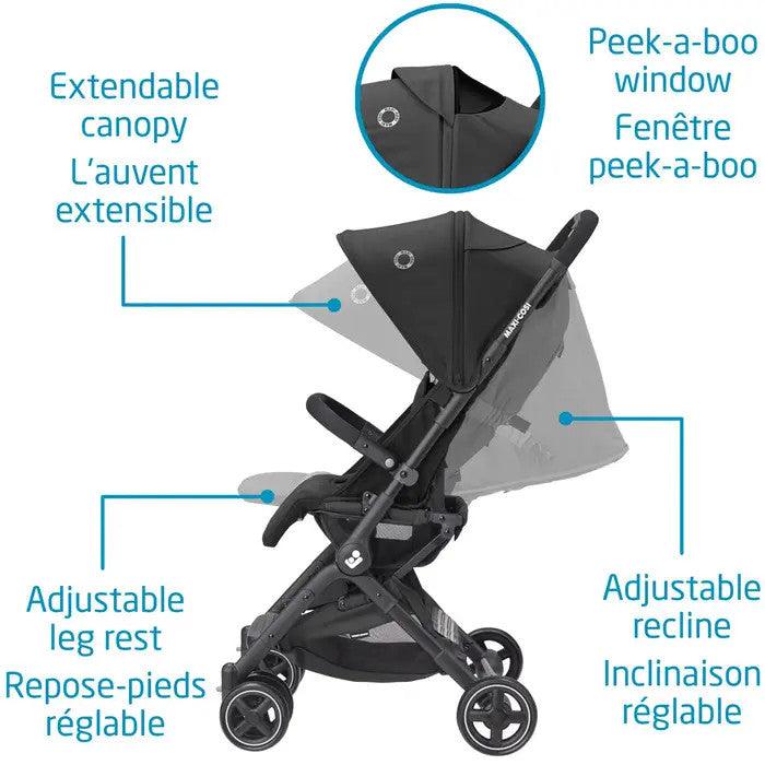 MAXI COSI Lara Ultra Compact Stroller with extendable canopy and peek-a-boo window, gray canopy