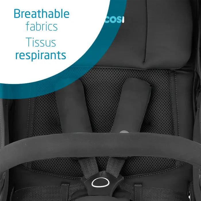 MAXI COSI Lara Ultra Compact Stroller, black with breathable fabrics and padded harness.