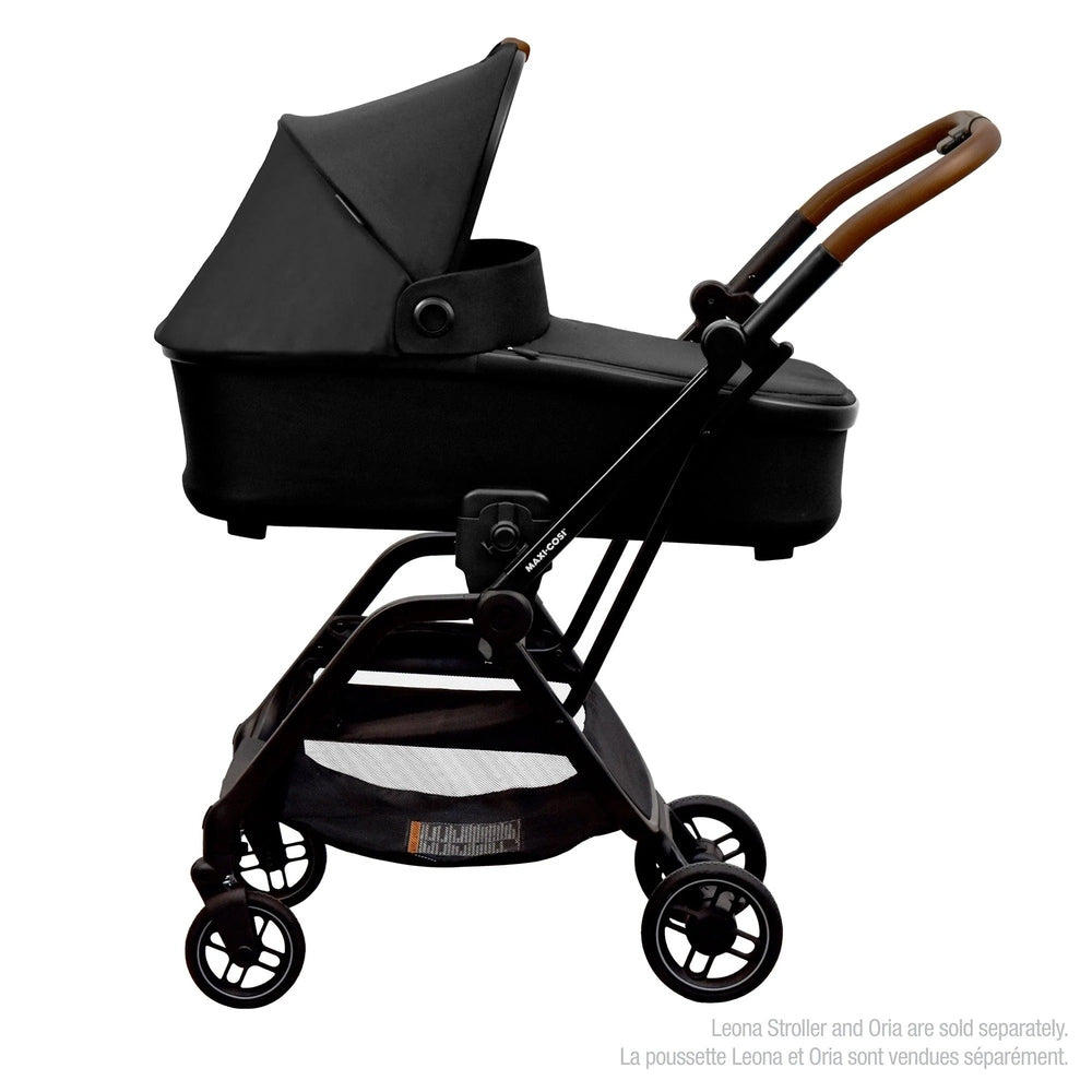 Maxi-Cosi Leona stroller with bassinet attachment, black frame and brown handle