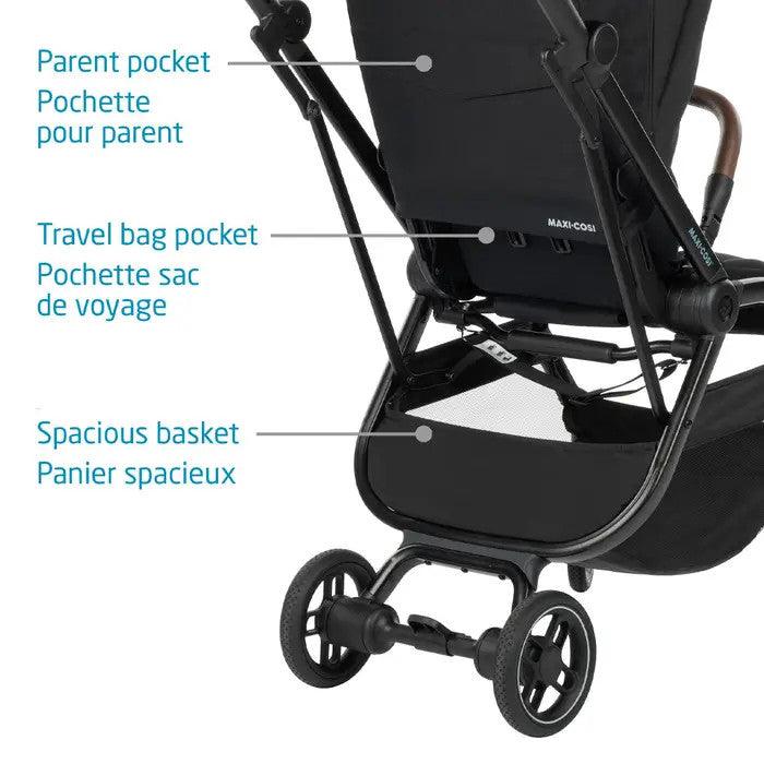 Maxi-Cosi Leona Ultra Compact stroller with parent pocket, travel bag pocket and spacious basket.