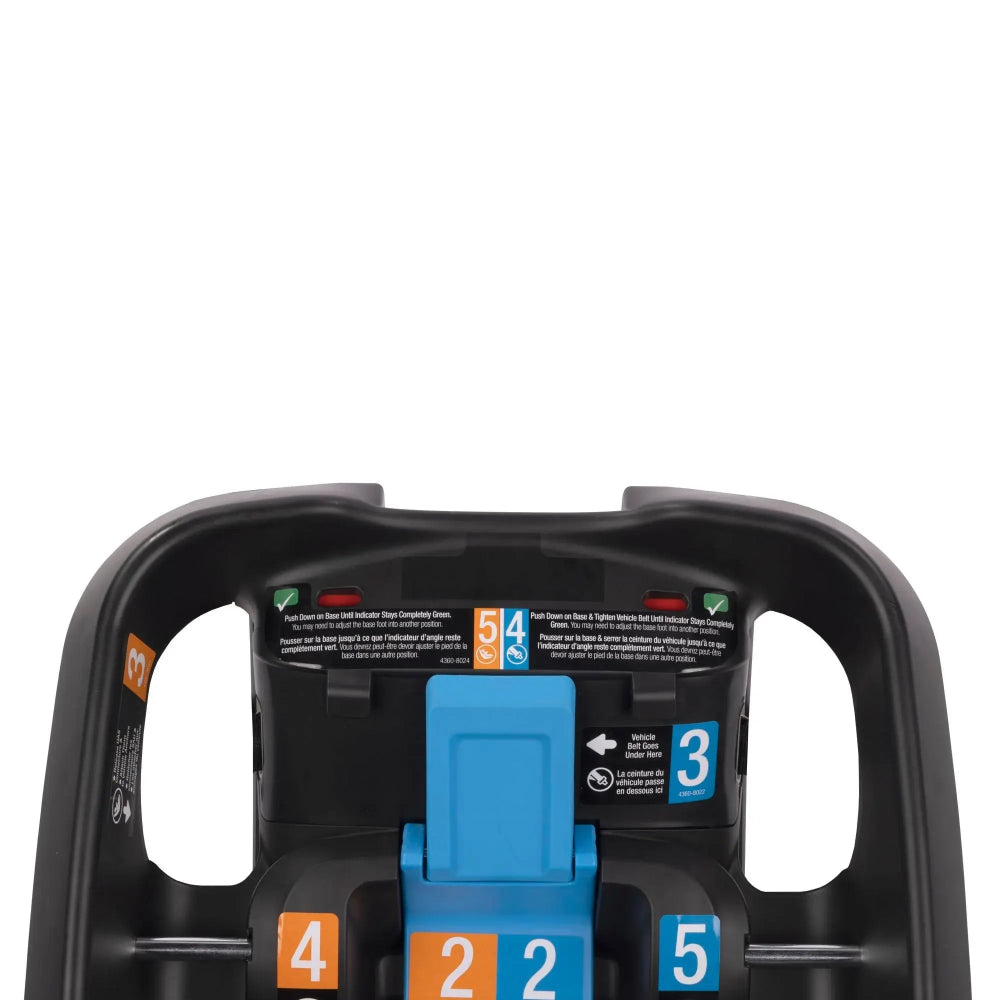 Maxi-Cosi Mico infant car seat base in black frame with blue locking mechanism and numbered indicators