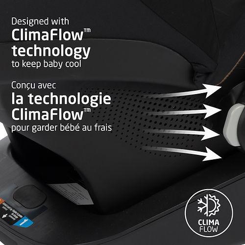 Maxi-Cosi Mico Luxe+ infant car seat with ClimaFlow cooling for breathable baby comfort, airflow arrows.