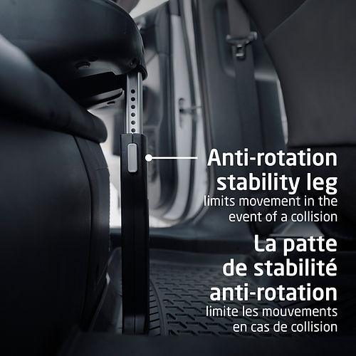 Maxi-Cosi Mico Luxe+ infant car seat with anti-rotation stability leg deployed to secure in-car travel.