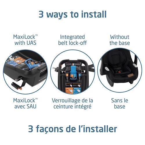 Maxi Cosi Mico Luxe+ infant car seat showing three install options: MaxiLock with UAS, integrated belt lock-off, or without the base.