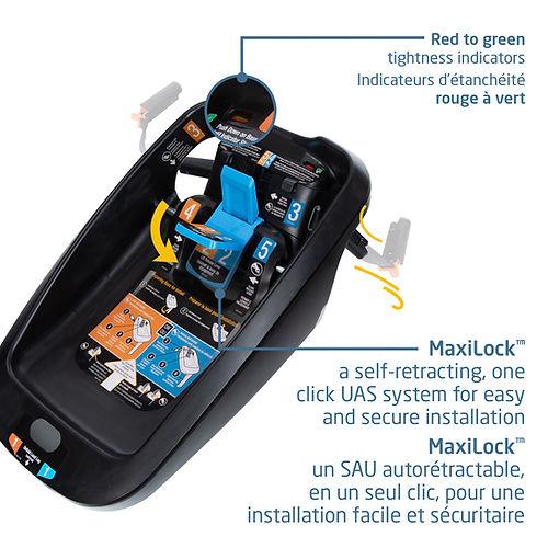 Maxi-Cosi Mico Luxe+ infant car seat; black shell, blue adjustment levers, and Maxilock indicators for secure install.