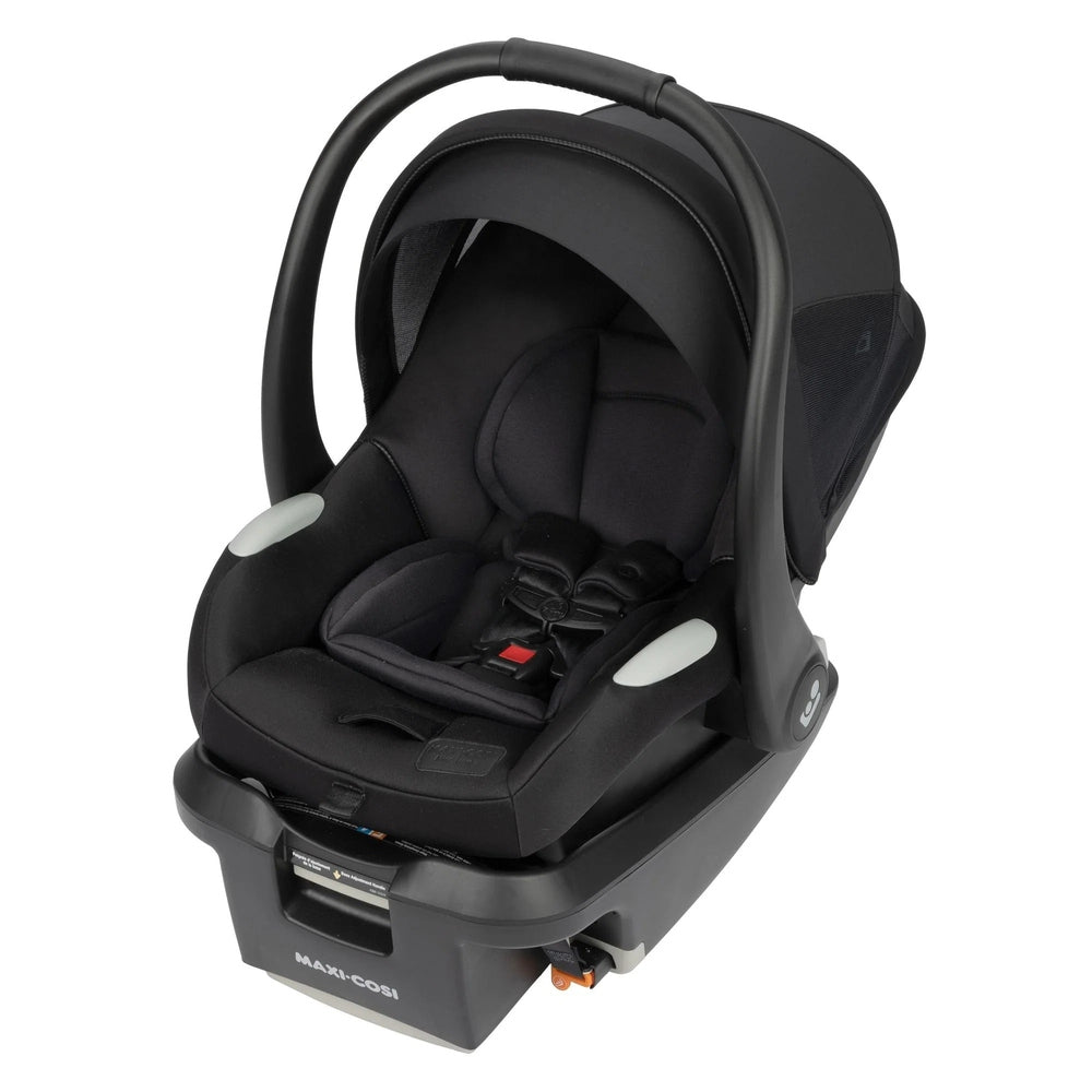 Maxi-Cosi Mico Luxe+ infant car seat in black with padded shell and curved carry handle