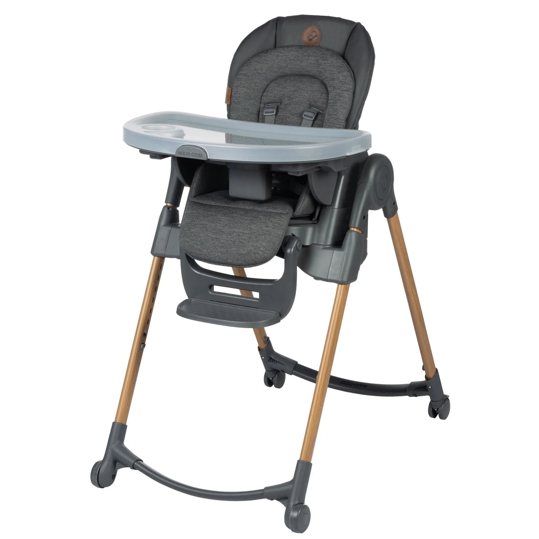 Maxi-Cosi Minla 6-in-1 High Chair in Classic Graphite, front three-quarter view