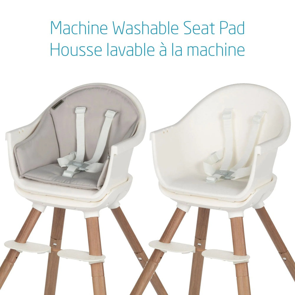 Maxi Cosi Moa 8-in-1 high chair pair, white seats with gray cushions and wooden legs