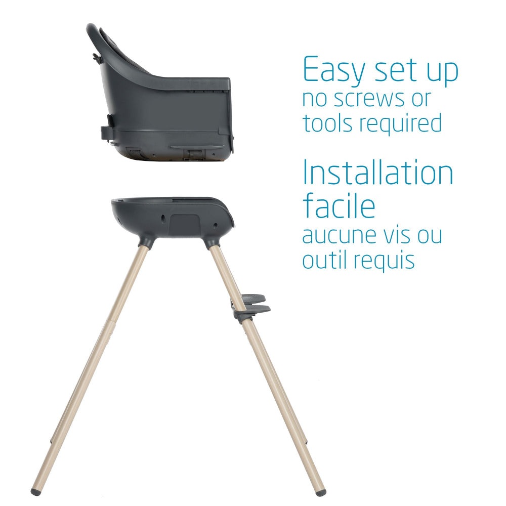 Maxi-Cosi Moa 8-in-1 high chair with dark gray seat and natural wood legs