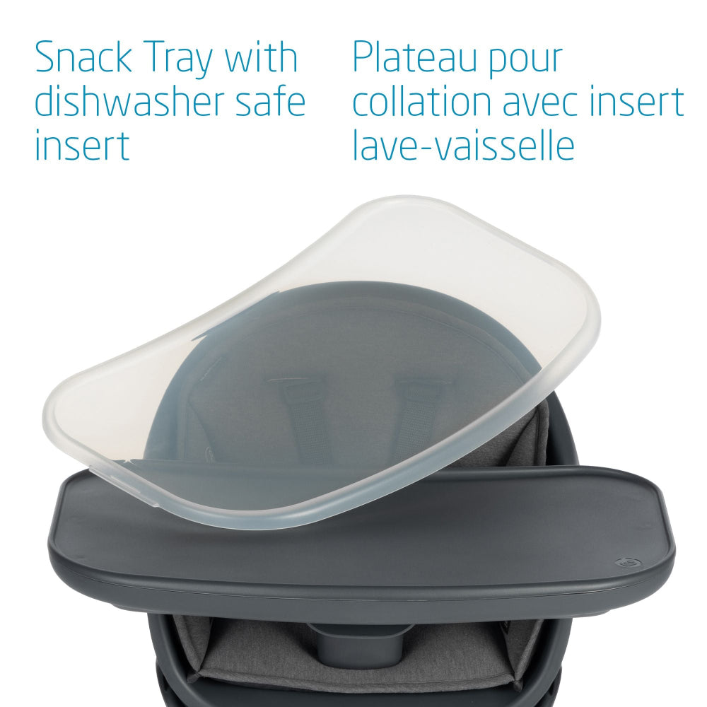 Maxi Cosi Moa 8-in-1 high chair, gray tray with dishwasher-safe snack insert