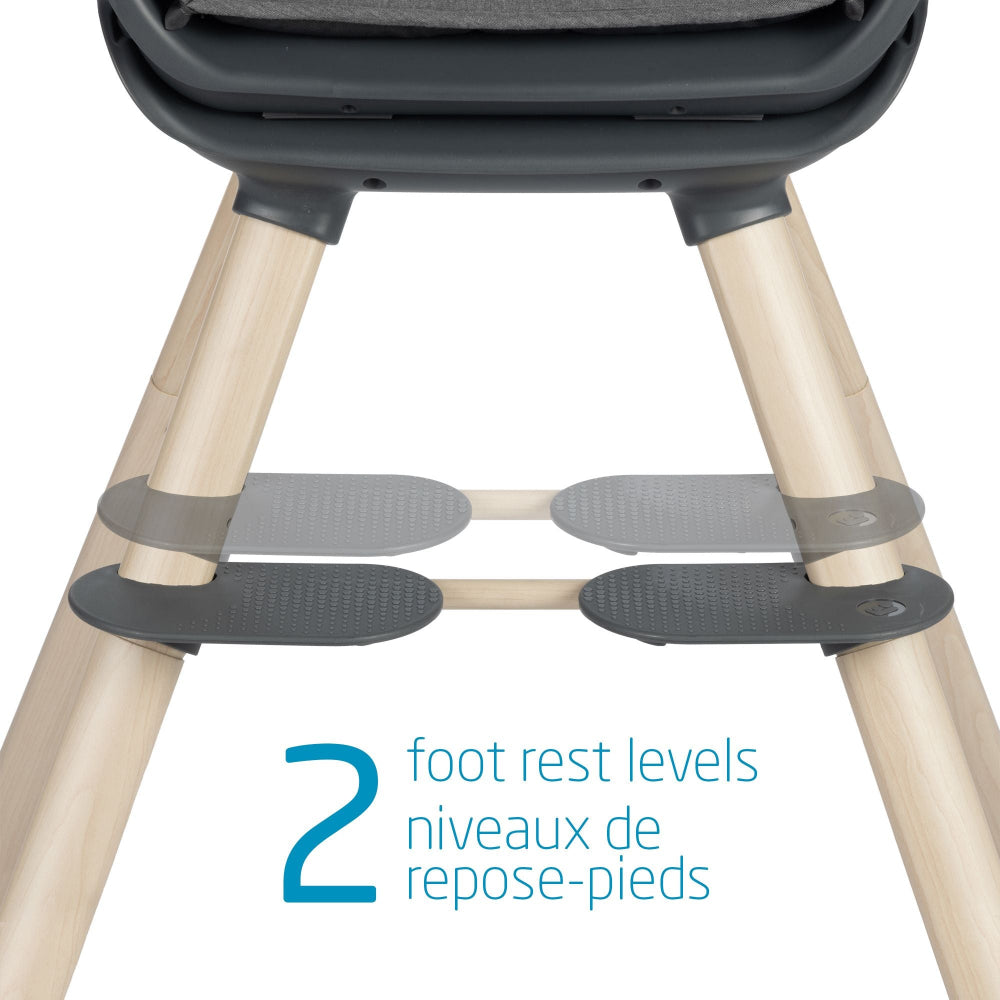 Maxi Cosi Moa 8-in-1 high chair with wooden legs and two adjustable foot rests