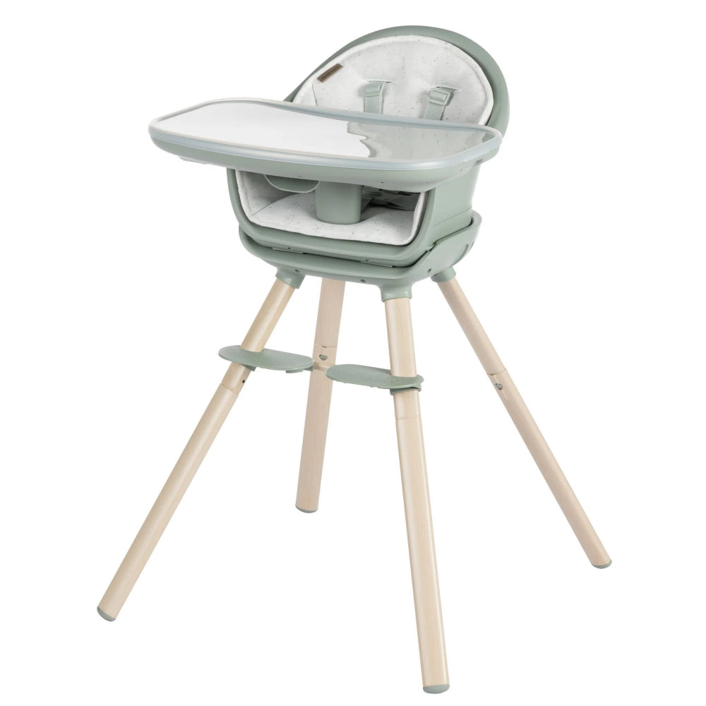 Maxi-Cosi Moa 8-in-1 high chair in sage green with wood legs and adjustable tray