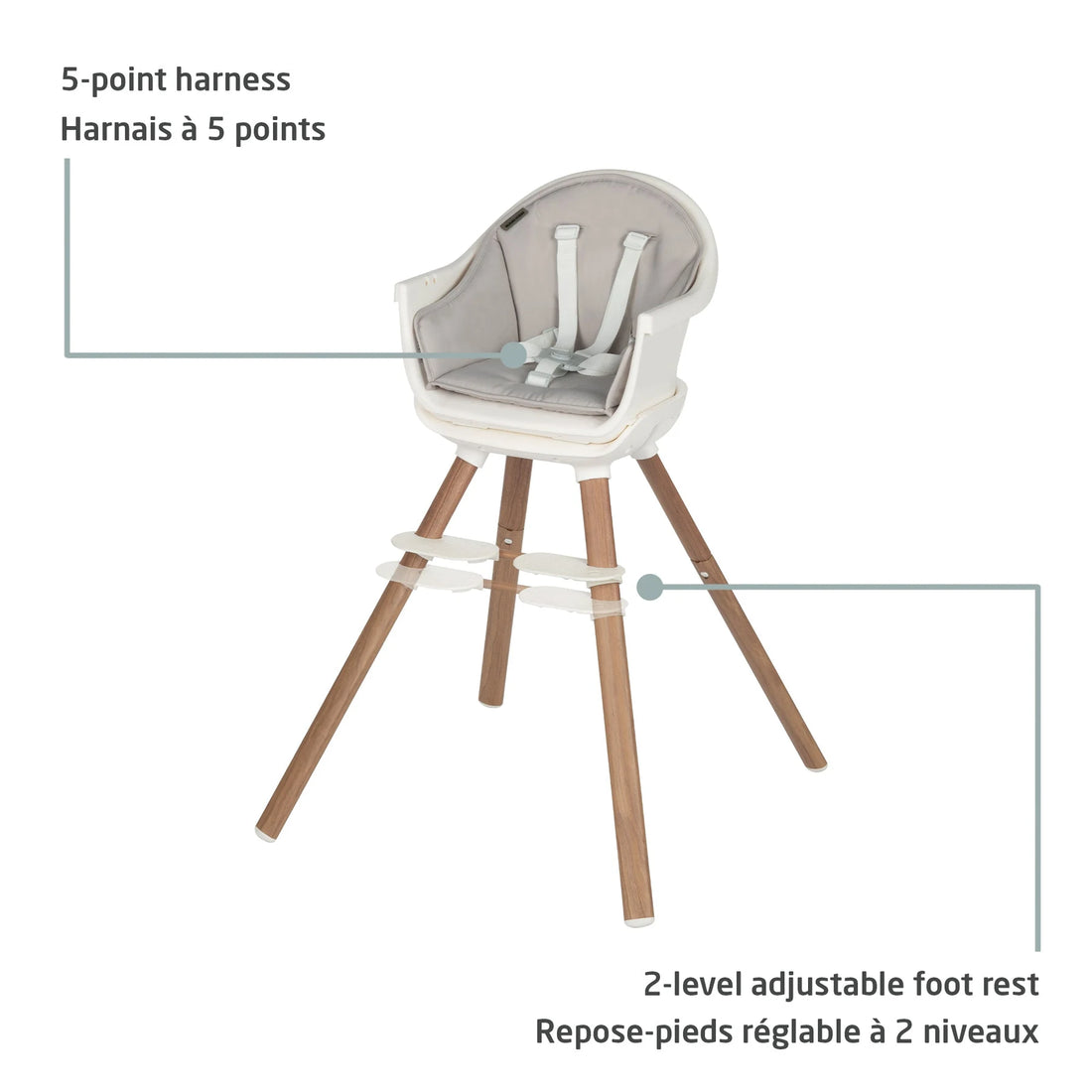 Maxi-Cosi Moa 8-in-1 High Chair — harness, tray and footrest features