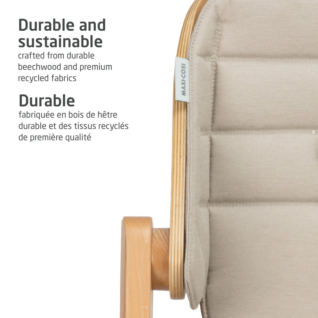 Maxi-Cosi Nesta 3-In-1 High Chair — wood frame and seat fabric detail