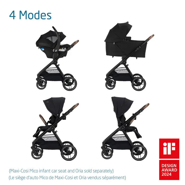 Maxi-Cosi Oxford stroller in black shown in four configurations (seat and bassinet options) MAXI COSI