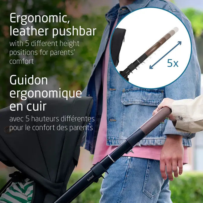 Maxi Cosi Oxford stroller with brown leather pushbar and ergonomic 5-position handle.