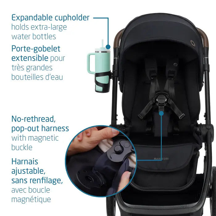 Maxi-Cosi Oxford stroller with expandable cupholder and magnetic buckle harness