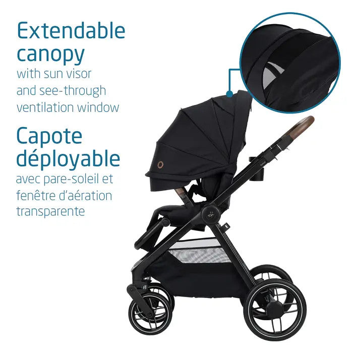 Maxi-Cosi Oxford stroller with extendable canopy, sun visor, and see-through ventilation window in black