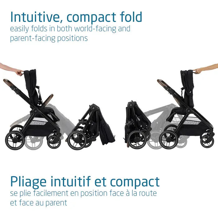 Maxi Cosi Oxford stroller in black with a compact fold and parent-facing positions