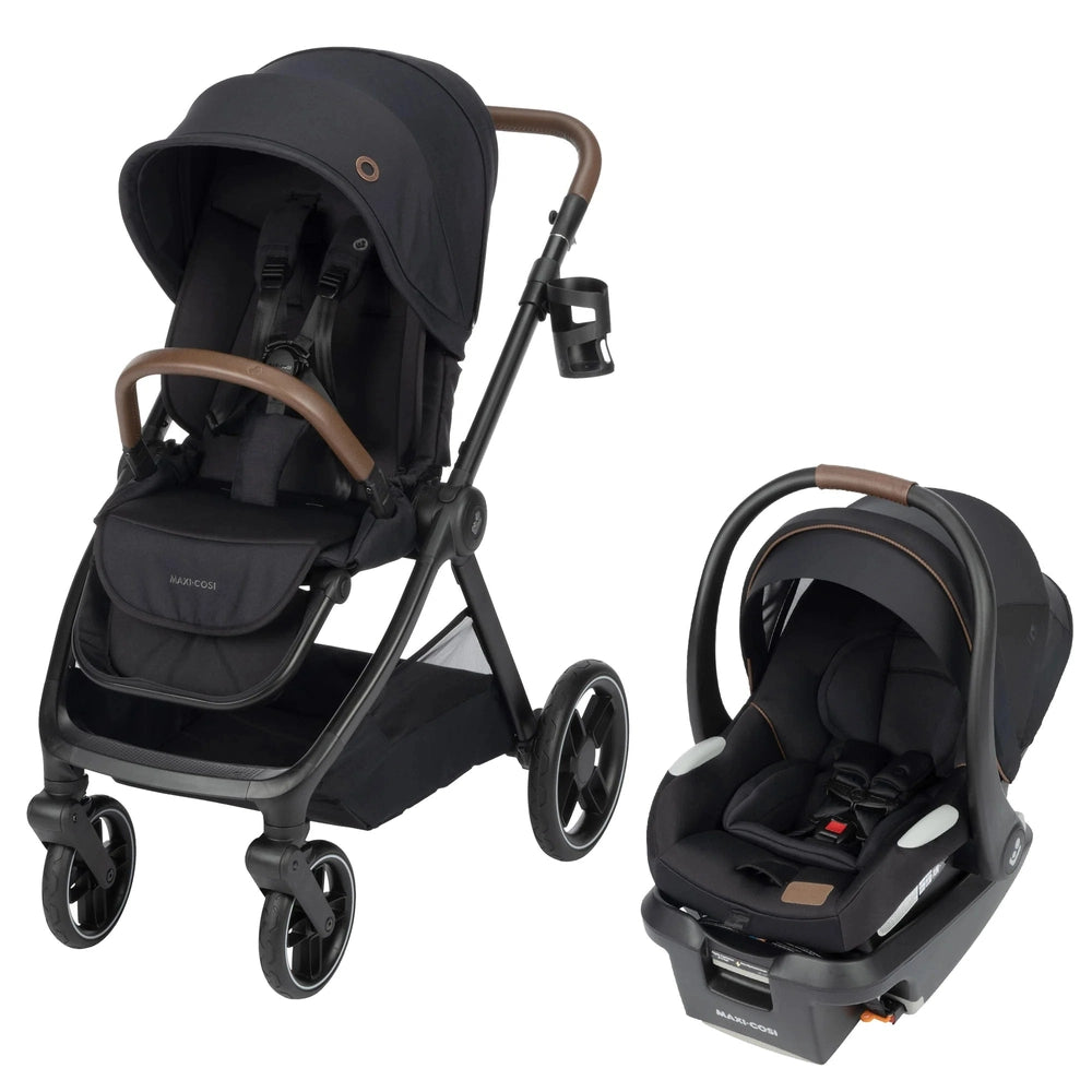 Maxi-Cosi Oxford Stroller & Mico Luxe+ Travel System, black with brown accents, stroller and infant car seat shown together.