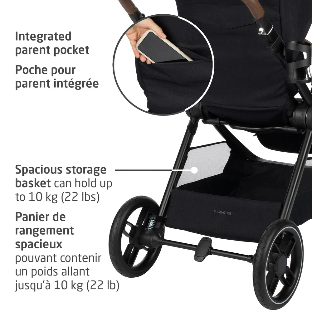 MAXI COSI Oxford Stroller & Mico Luxe+ Travel System, black frame with integrated parent pocket and 10 kg storage basket.