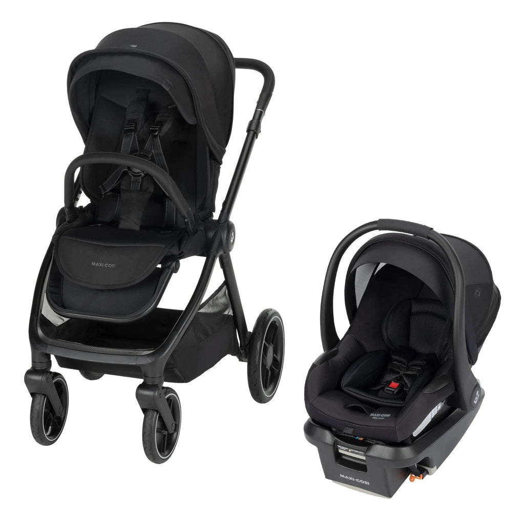MAXI-COSI Oxford Stroller and Mico Luxe+ Travel System in black, with separate car seat beside the stroller.