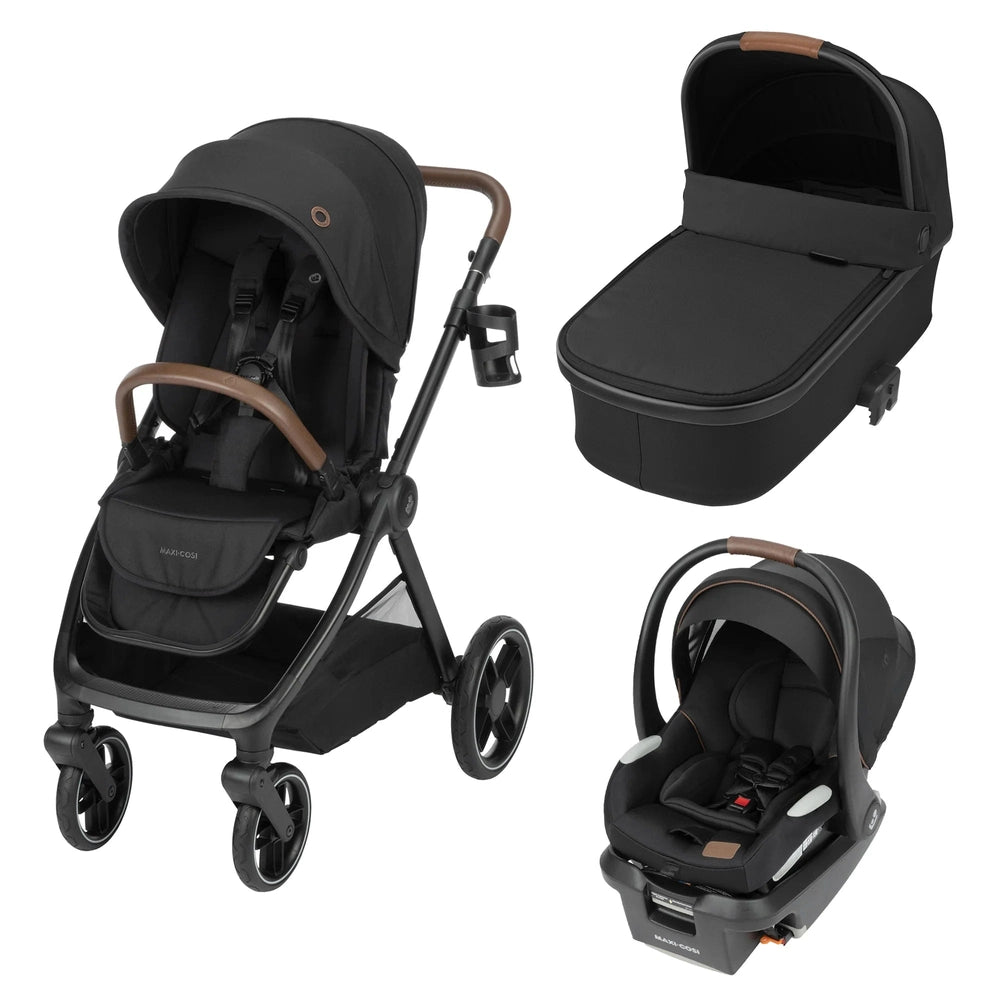 MAXI COSI Oxford Travel System with Oria Bassinet and car seat; black stroller frame supporting bassinet and seat.