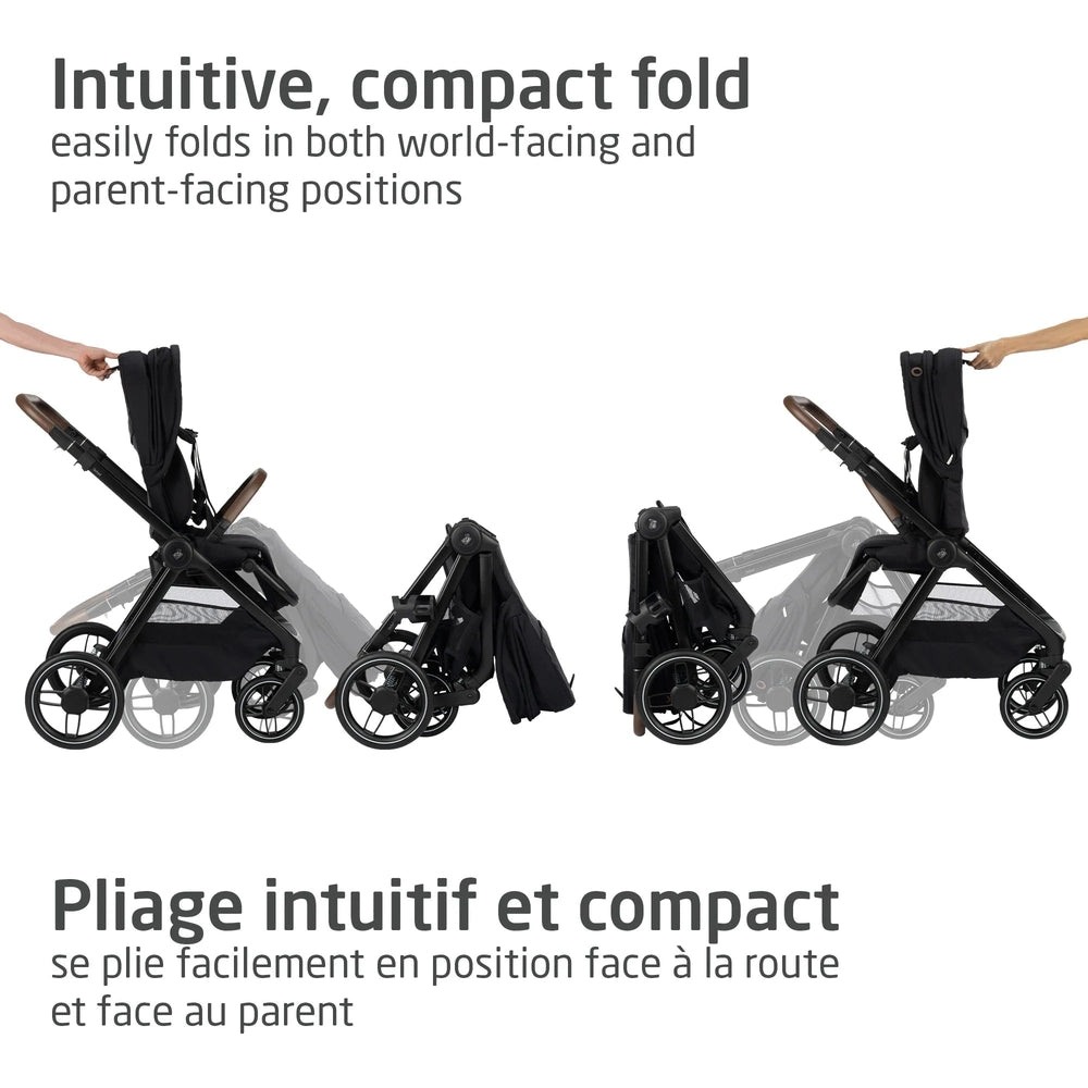 Maxi-Cosi Oxford Travel System + Oria Bassinet in black, demonstrating its intuitive compact fold with hands.