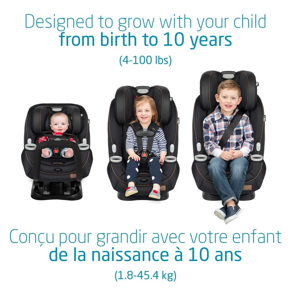 MAXI COSI Pria All In One Convertible Car Seat in black, shown for birth to 10 years (4-100 lbs)