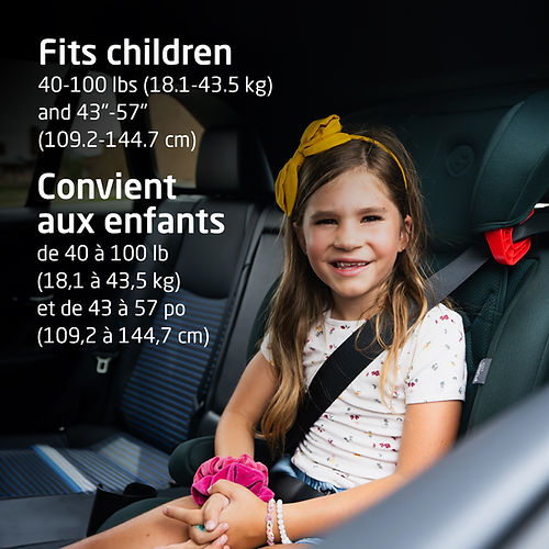 Maxi-Cosi Rodisport Booster Car Seat for 40-100 lb kids; girl buckles her seat belt in a car.