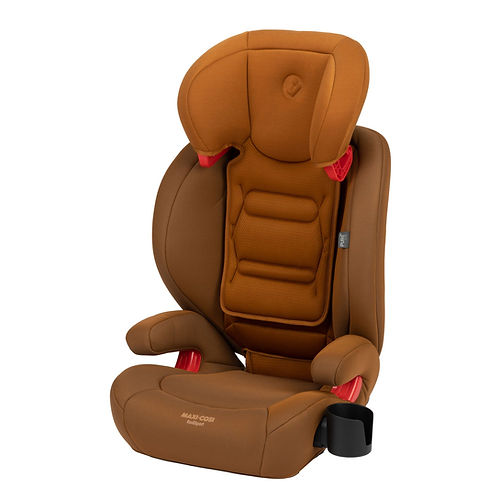 Maxi-Cosi Rodisport booster car seat in brown with padded headrest and armrests, cup holder shown.
