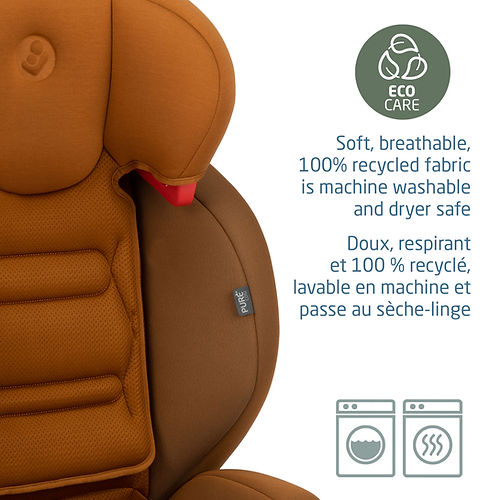 Maxi-Cosi Rodisport booster car seat in orange-brown recycled fabric; buckle fastened, showing washable and dryer-safe Eco Care material.