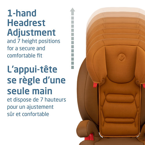 Maxi-Cosi Rodisport booster car seat in orange upholstery, showing its seven-height headrest adjustment