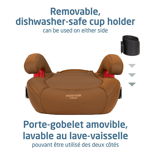 MAXI COSI Rodisport booster car seat in brown fabric with a side-mounted removable dishwasher-safe cup holder.
